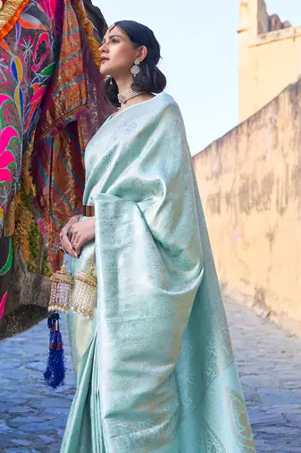 Sky Blue Art Silk Designer Border And Pallu With Blouuse And Saree For Women