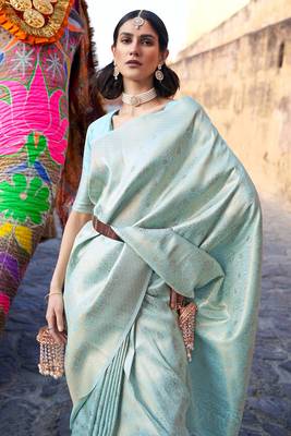 Sky Blue Art Silk Designer Border And Pallu With Blouuse And Saree For Women 3
