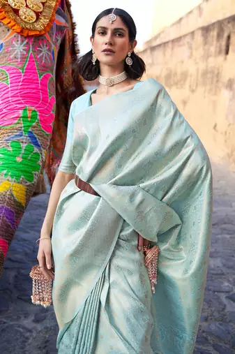 Sky Blue Art Silk Designer Border And Pallu With Blouuse And Saree For Women