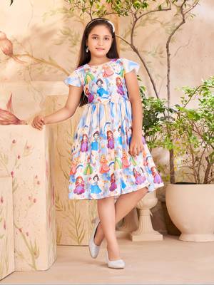 Aarika girls party wear blue colour cartoon print polyester frock 1