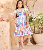 Aarika girls party wear blue colour cartoon print polyester frock