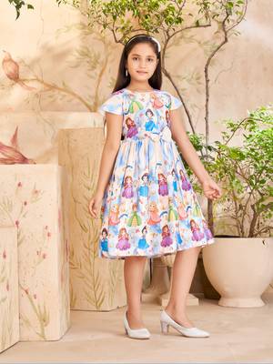 Aarika girls party wear blue colour cartoon print polyester frock 2