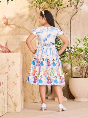 Aarika girls party wear blue colour cartoon print polyester frock 4
