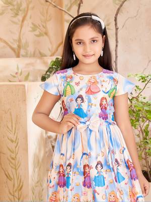 Aarika girls party wear blue colour cartoon print polyester frock 5