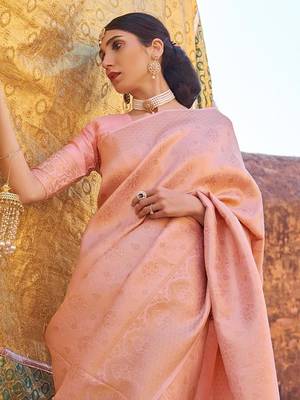Peach kanjivaram style of silk bland thread & Zari weaving saree with Blouse 2