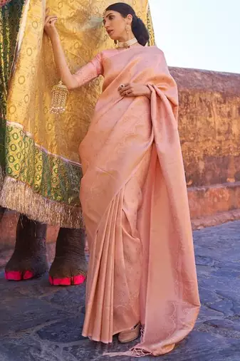 Peach kanjivaram style of silk bland thread & Zari weaving saree with Blouse