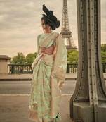 Light Green Banarasi Silk Zari Weaving Border And Pallu Saree With Blouse For Women