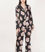 Urban Sundari Floral Printed Shirt Collar Full Sleeves Black Satin Nightsuit Set Pack of 1