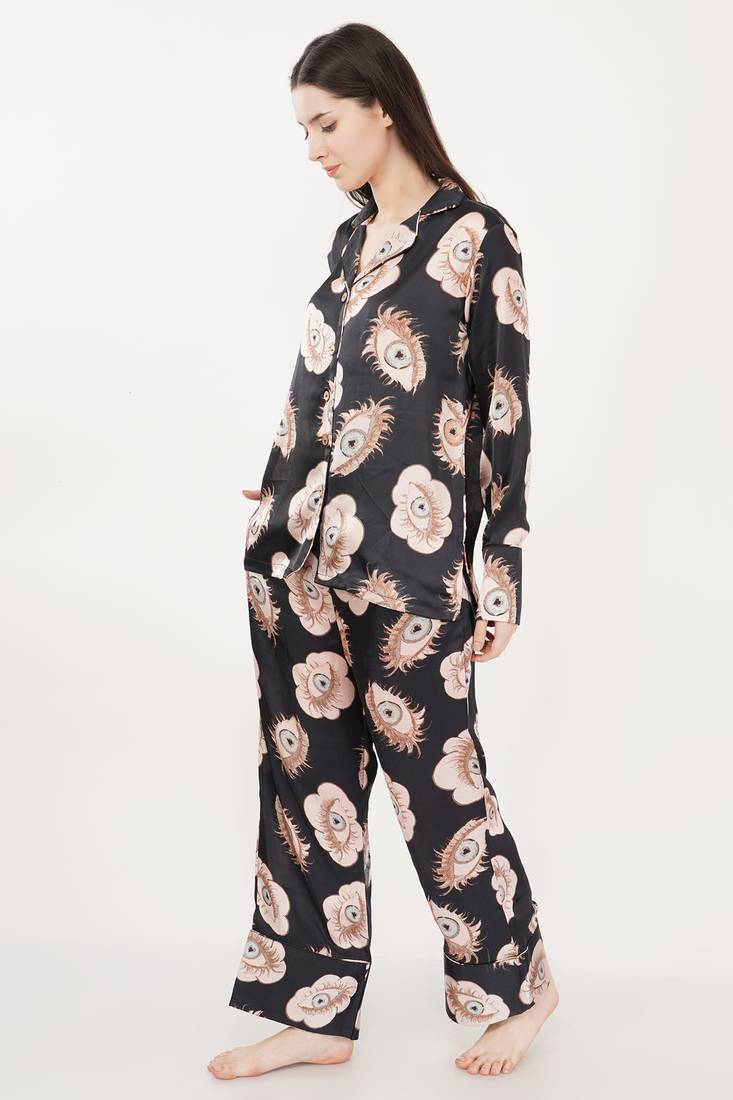 Urban Sundari Floral Printed Shirt Collar Full Sleeves Black Satin Nightsuit Set Pack of 1