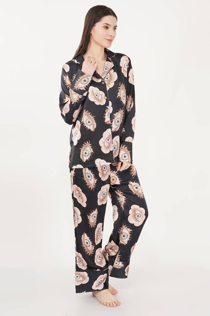 Urban Sundari Floral Printed Shirt Collar Full Sleeves Black Satin Nightsuit Set Pack of 1