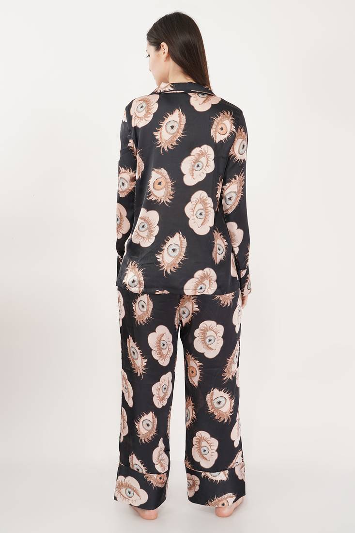 Urban Sundari Floral Printed Shirt Collar Full Sleeves Black Satin Nightsuit Set Pack of 1