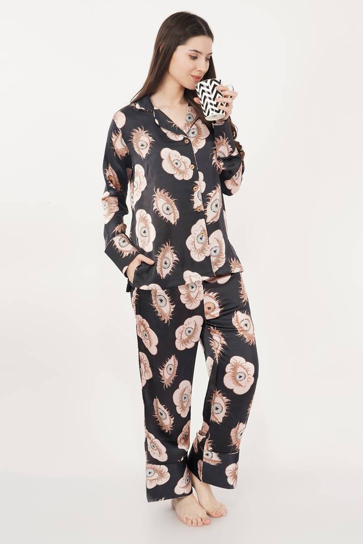 Urban Sundari Floral Printed Shirt Collar Full Sleeves Black Satin Nightsuit Set Pack of 1