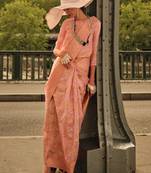 Peach Banarasi Silk Zari Weaving Border And Pallu Saree With Blouse For Women