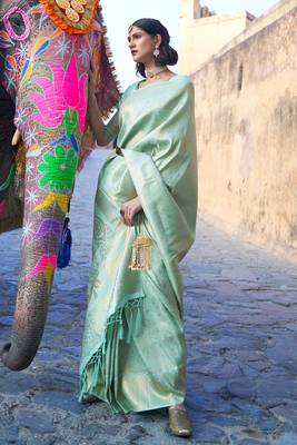 Sea Green kanjivaram style of silk bland thread & Zari weaving saree with Blouse 1