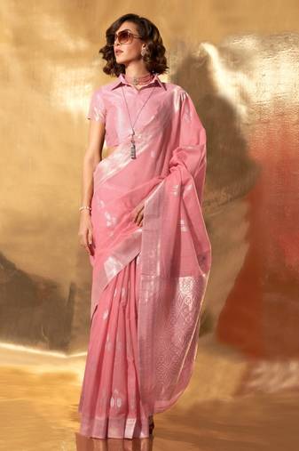 Pink Banarasi Silk Zari Weaving Border And Pallu Saree With Blouse For Women