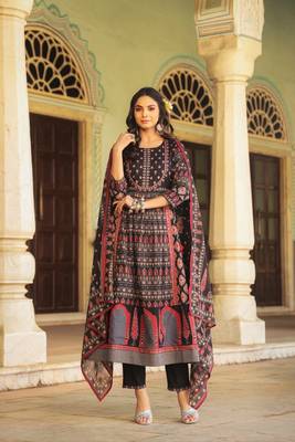 Women's Pure cotton hand block printed ready to wear Anarkali pattern full suit with straight pant & dupatta 2