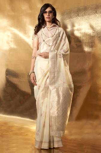 Cream Banarasi Silk Zari Weaving Border And Pallu Saree With Blouse For Women