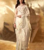 Cream Banarasi Silk Zari Weaving Border And Pallu Saree With Blouse For Women