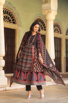 Women's Pure cotton hand block printed ready to wear Anarkali pattern full suit with straight pant & dupatta 4