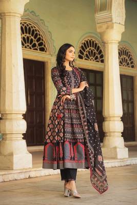 Women's Pure cotton hand block printed ready to wear Anarkali pattern full suit with straight pant & dupatta 1