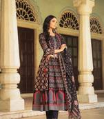 Women's Pure cotton hand block printed ready to wear Anarkali pattern full suit with straight pant & dupatta