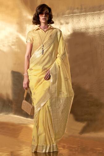 Yellow Banarasi Silk Zari Weaving Border And Pallu Saree With Blouse For Women