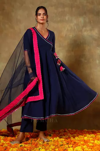 Guzarish navy blue cotton angrakha set