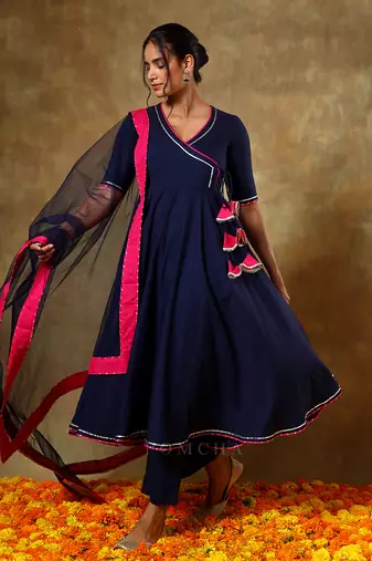 Guzarish navy blue cotton angrakha set