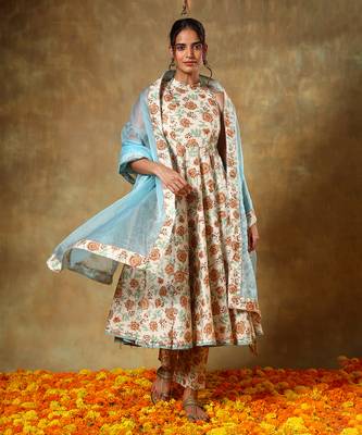 Guzarish beige halter neck cotton anarkali set 1