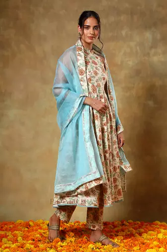 Guzarish beige halter neck cotton anarkali set
