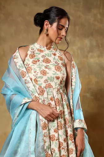 Guzarish beige halter neck cotton anarkali set