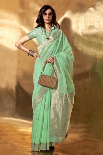 Sea Green Banarasi Silk Zari Weaving Border And Pallu Saree With Blouse For Women