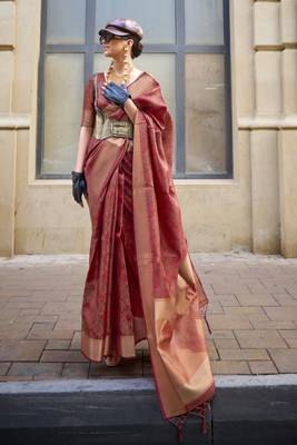 Maroon Organza Silk Zari Weaving Border And Rich Pallu Saree With Blouse For Women 1