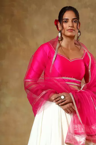 Pink and Off-White Festive Lehenga Choli Set 