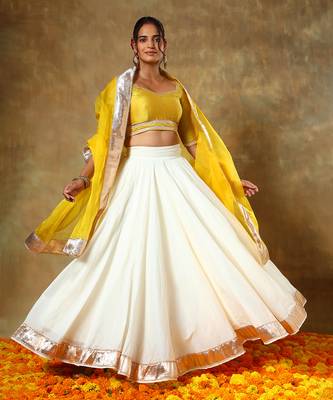 Yellow and White Cotton Silk Gota Patti Work Lehenga  1
