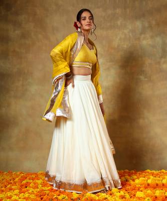 Yellow and White Cotton Silk Gota Patti Work Lehenga  2