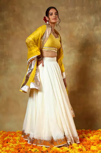 Yellow and White Cotton Silk Gota Patti Work Lehenga 