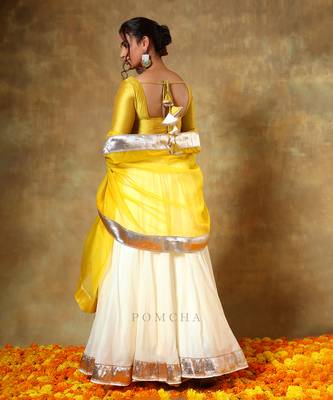 Yellow and White Cotton Silk Gota Patti Work Lehenga  3