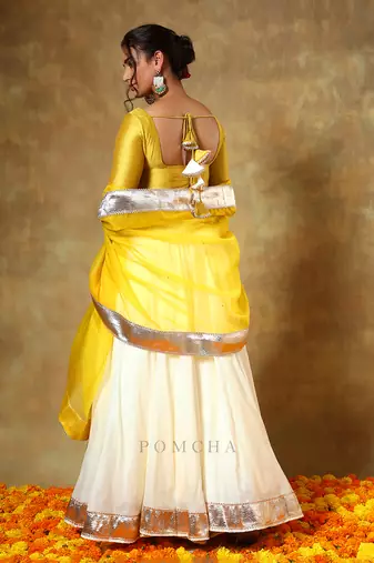 Yellow and White Cotton Silk Gota Patti Work Lehenga 