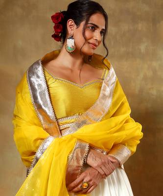 Yellow and White Cotton Silk Gota Patti Work Lehenga  4