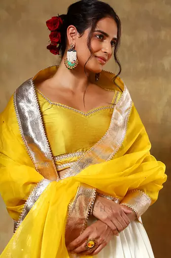 Yellow and White Cotton Silk Gota Patti Work Lehenga 