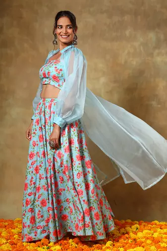 Guzarish Red Floral Lehenga Set With Shrug