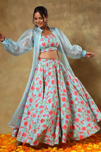 Guzarish Red Floral Lehenga Set With Shrug