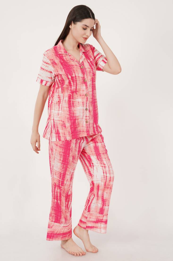 Urban Sundari Graphic Printed Shirt Collar Half Sleeves Pink Cotton Blend Nightsuit Set Pack of 1