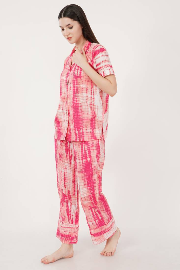 Urban Sundari Graphic Printed Shirt Collar Half Sleeves Pink Cotton Blend Nightsuit Set Pack of 1