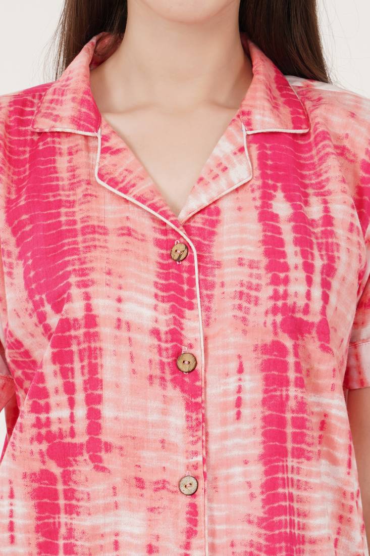 Urban Sundari Graphic Printed Shirt Collar Half Sleeves Pink Cotton Blend Nightsuit Set Pack of 1