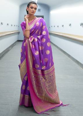 Purple Banarasi Silk Zari Weaving Border And Pallu Saree With Blouse For Women 1