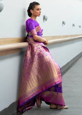 Purple Banarasi Silk Zari Weaving Border And Pallu Saree With Blouse For Women 2