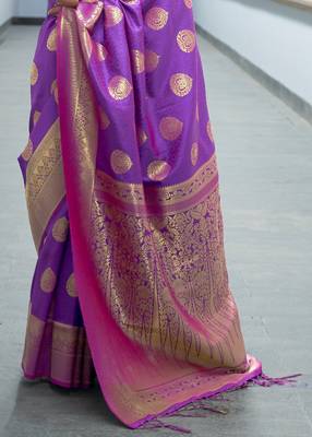 Purple Banarasi Silk Zari Weaving Border And Pallu Saree With Blouse For Women 4