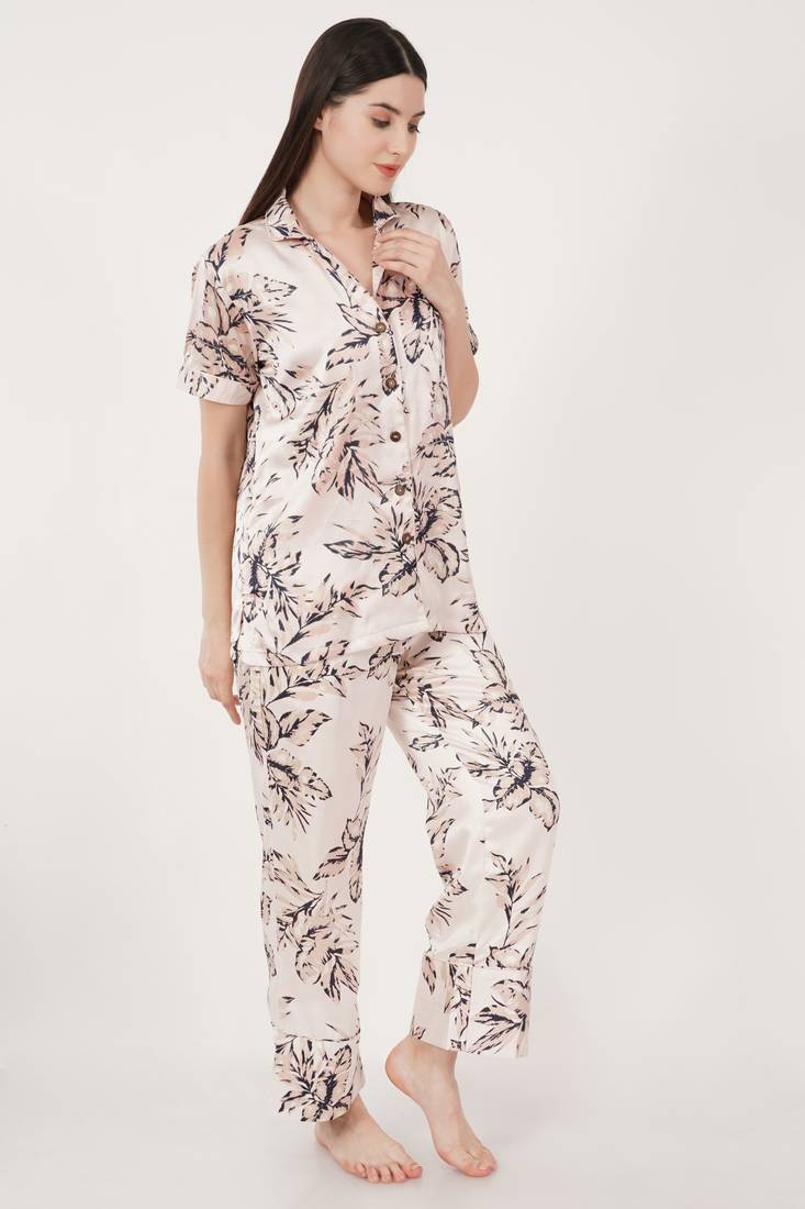 Urban Sundari Floral Printed Shirt Collar Half Sleeves Peach Satin Nightsuit Set Pack of 1
